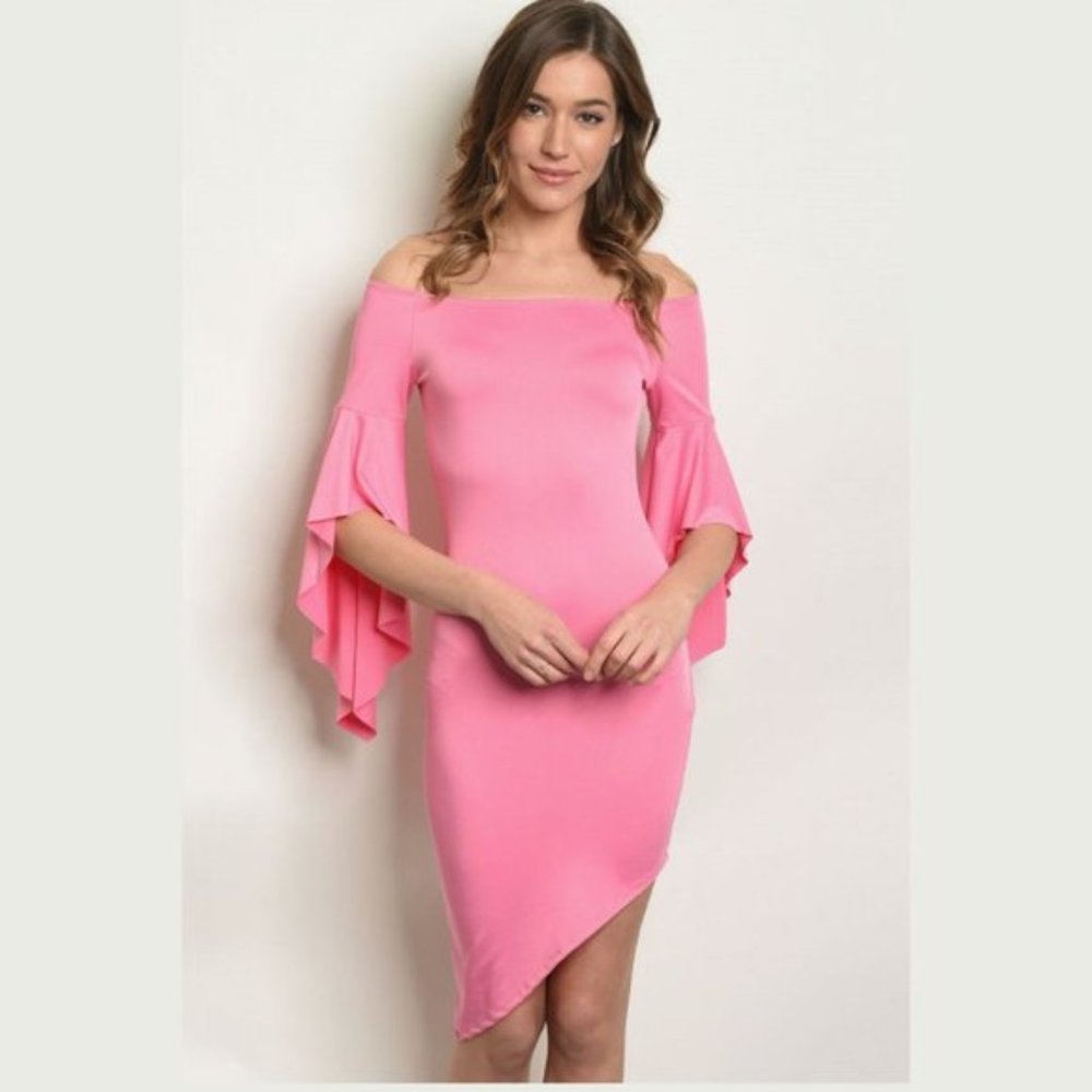 Long bell sleeve scoop neck bodycon dress.